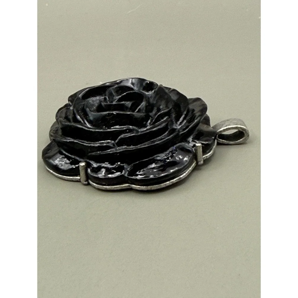 Black Rose Flower Pendant Carved Statement Silver Tone Metal Floral Goth Jewelry